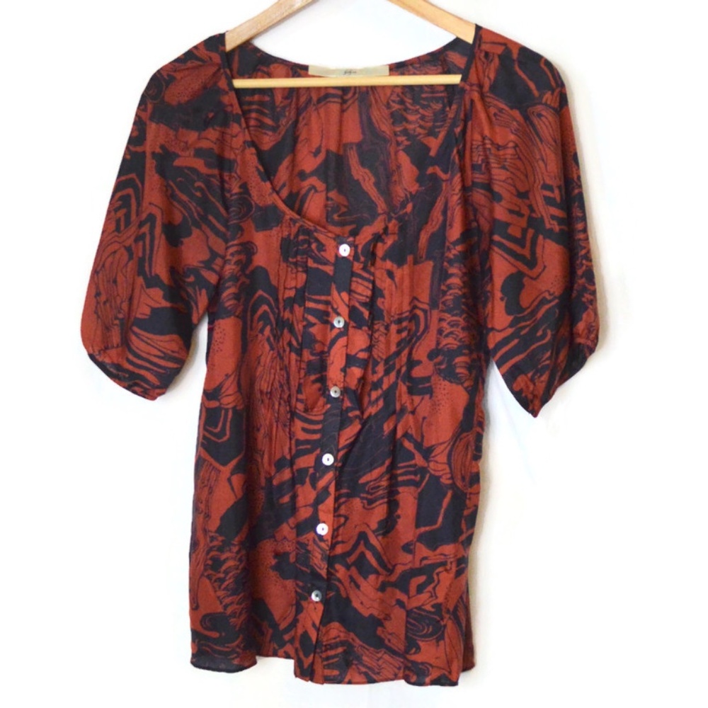 Gibson Silk Blouse Red & Black, Puff Sleeves, Size Medium, Business Casual